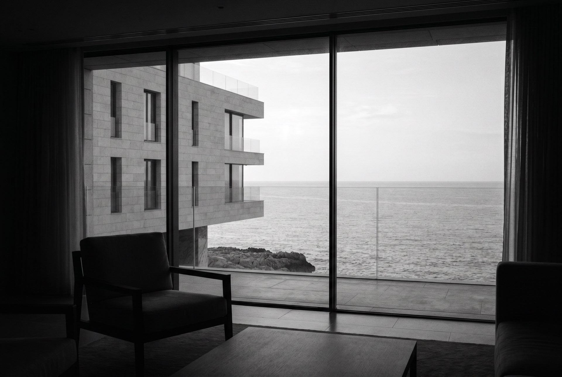 The sea filling a window wall