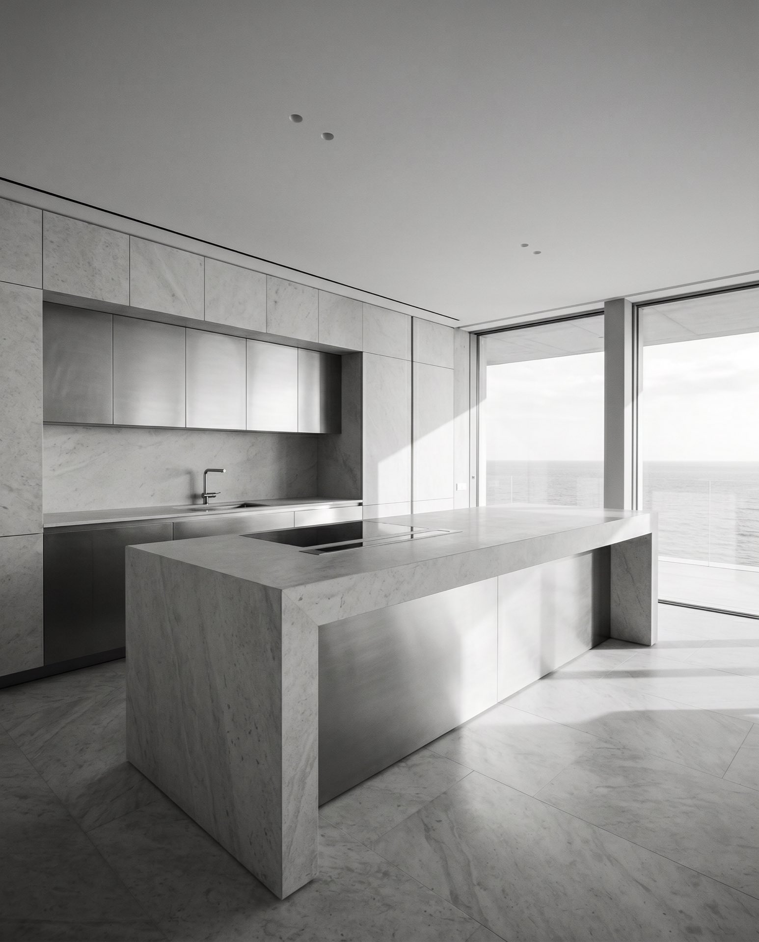A kitchen in pale stone and steel