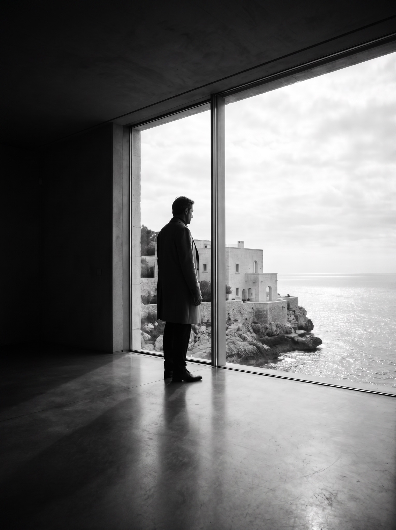 Resident standing at a floor-to-ceiling window above the Marseille corniche