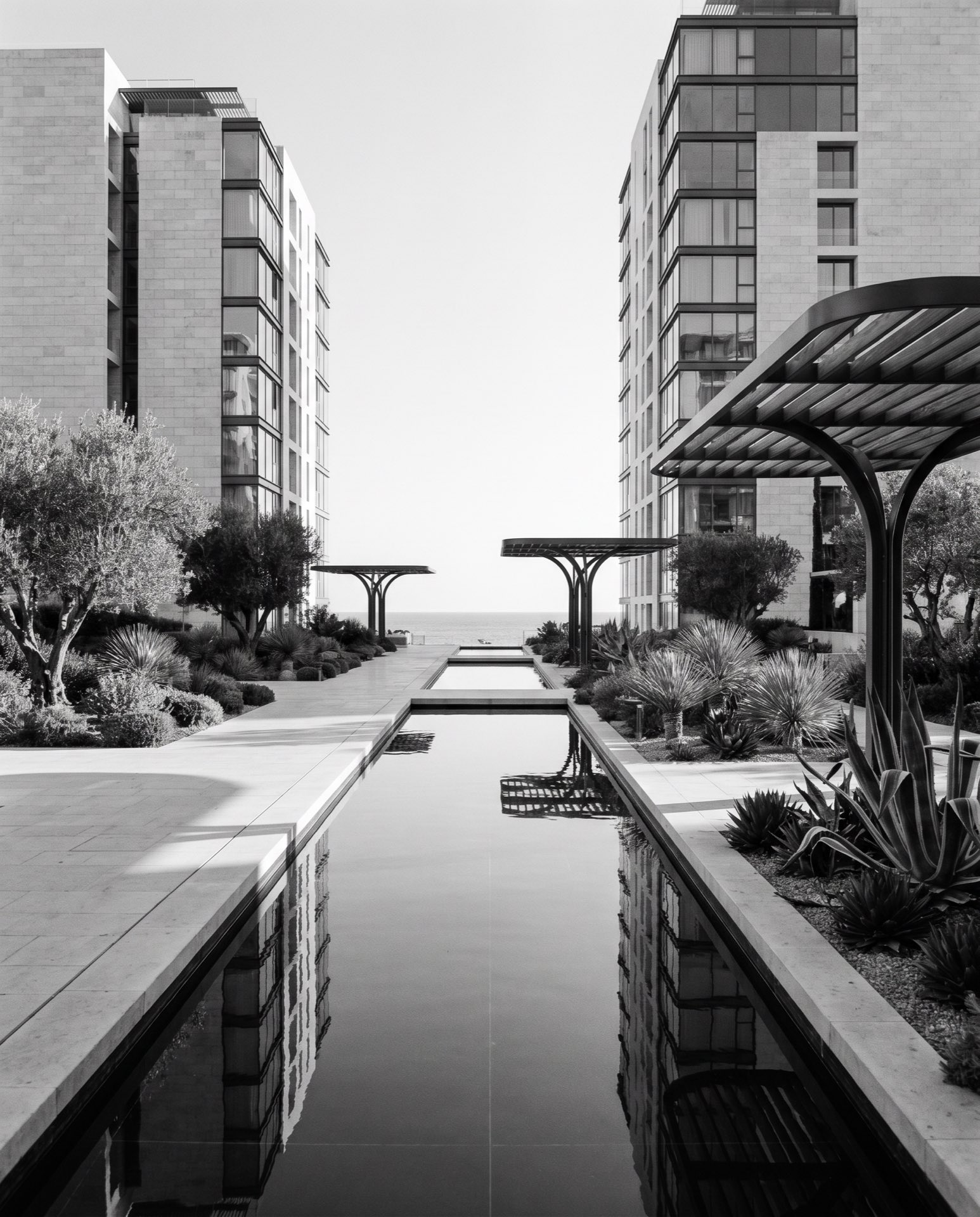A landscaped private garden between two towers
