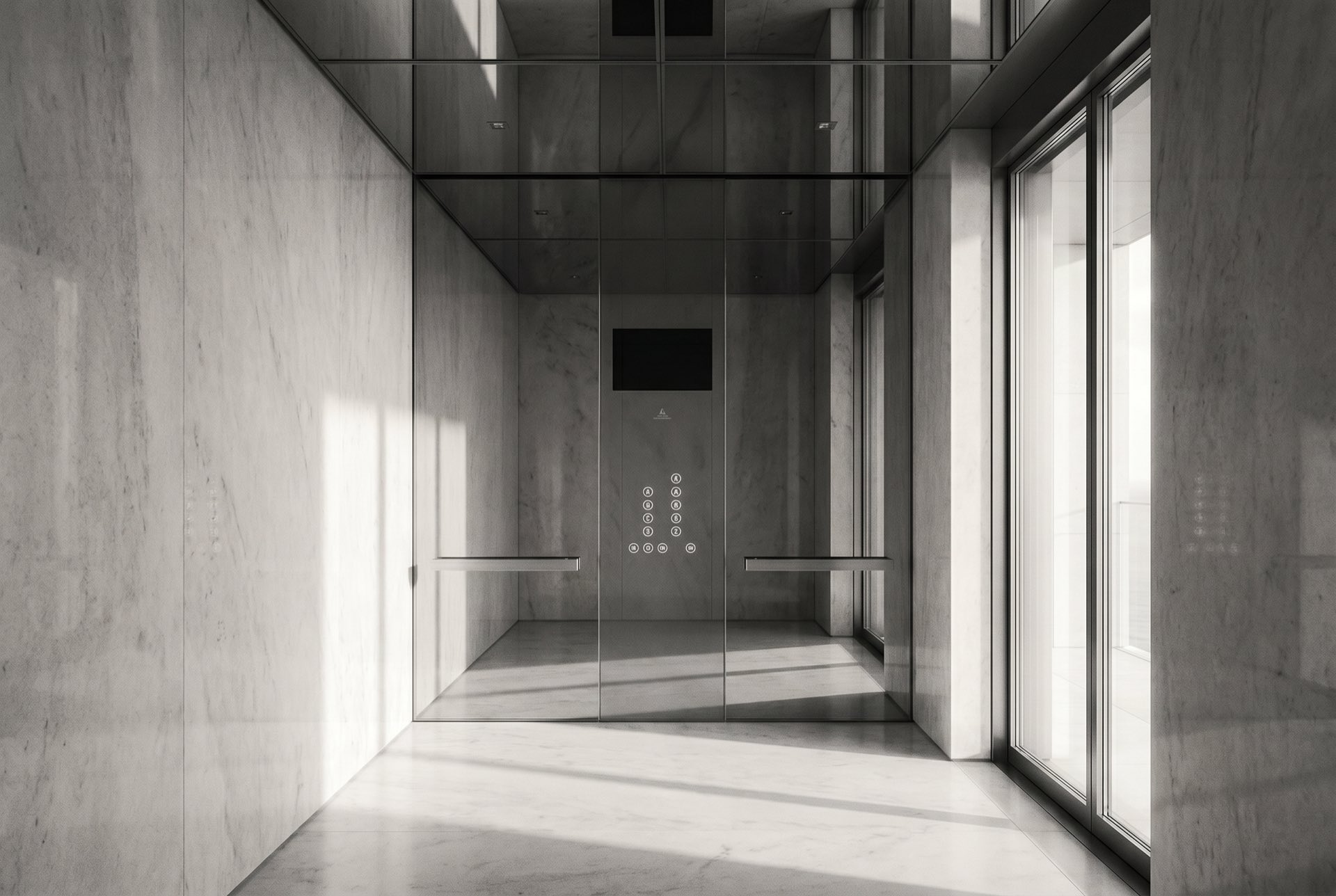 A lift interior with a glass call panel